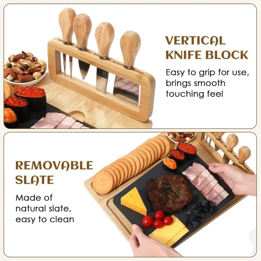 Wooden Cheese Board with Slate Plate + 4 Piece Cheese Knife Set 22.5 x 22.5 x 3.5cm - Image 5