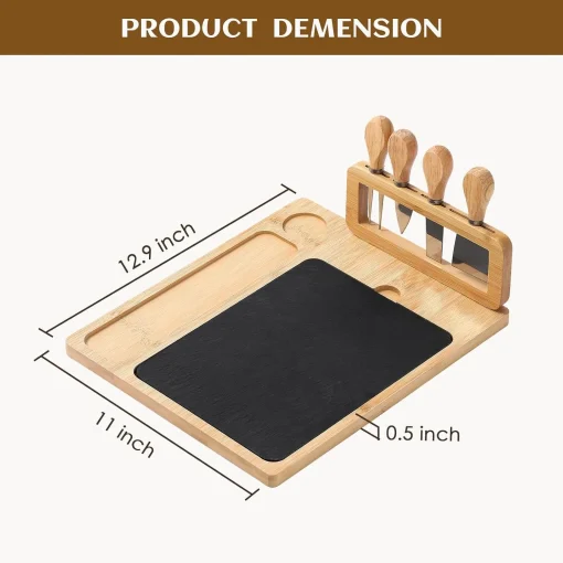 Wooden Cheese Board with Slate Plate + 4 Piece Cheese Knife Set 22.5 x 22.5 x 3.5cm - Image 6