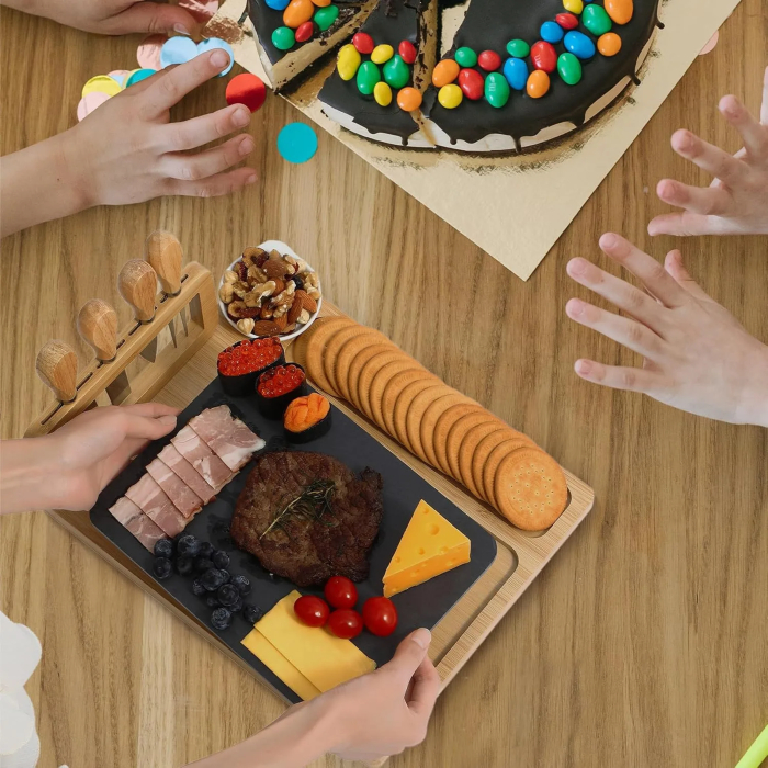 Wooden Cheese Board with Slate Plate + 4 Piece Cheese Knife Set 22.5 x 22.5 x 3.5cm - Image 8