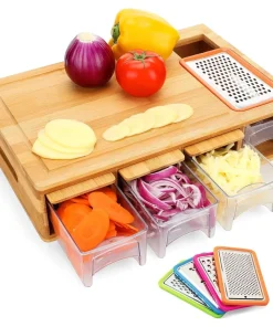 Bamboo Cutting Board with Trays, Lids and Storage Containers - Easy-to-Use Multi-Function Meal Prep Station with Juicing Grooves - 4 Multi-Function Graters Included with Food Slide-Out Slot