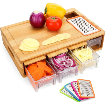 Bamboo Cutting Board with Trays, Lids and Storage Containers - Easy-to-Use Multi-Function Meal Prep Station with Juicing Grooves - 4 Multi-Function Graters Included with Food Slide-Out Slot